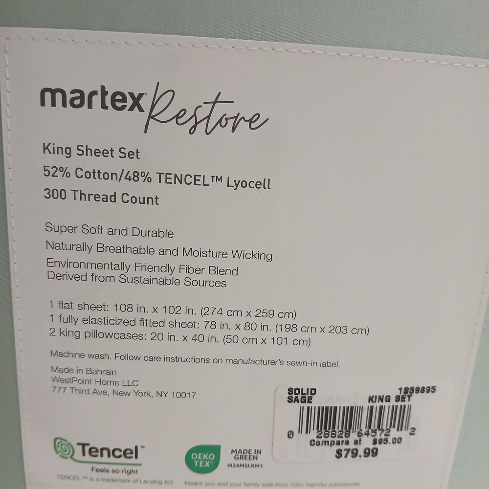 Martex Restore Solid Cotton and Tencel King Sheet Set 52% Cotton 48% Telcel New - Picture 5 of 6